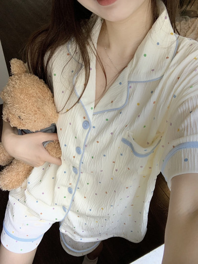 Naiste pidžaama uus suvine lühikeste varrukatega pehme magamisriiete komplekt Grid Cartoon trükitud pidžaama naiste kodune ööriiete komplekt kardigan