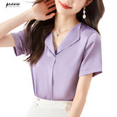 NAVIU Elegants gaiši violets sieviešu krekls Jauns augstas klases V kakla tempraments formālas blūzes ar īsām piedurknēm Biroja sieviešu darba topi balti