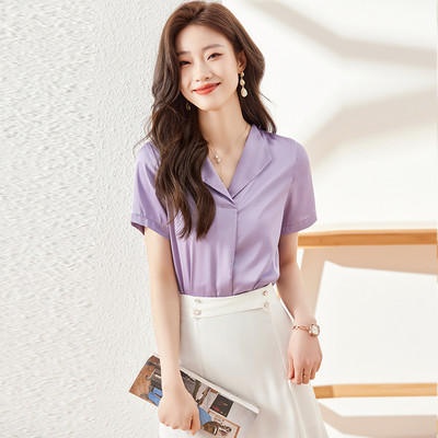 NAVIU Elegants gaiši violets sieviešu krekls Jauns augstas klases V kakla tempraments formālas blūzes ar īsām piedurknēm Biroja sieviešu darba topi balti