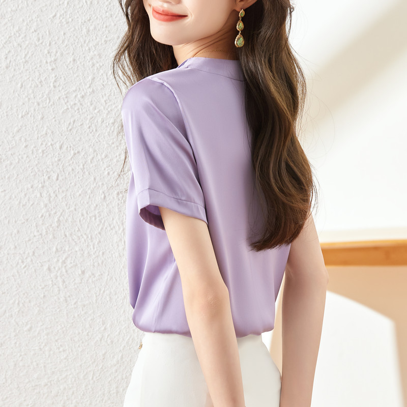 NAVIU Elegants gaiši violets sieviešu krekls Jauns augstas klases V kakla tempraments formālas blūzes ar īsām piedurknēm Biroja sieviešu darba topi balti
