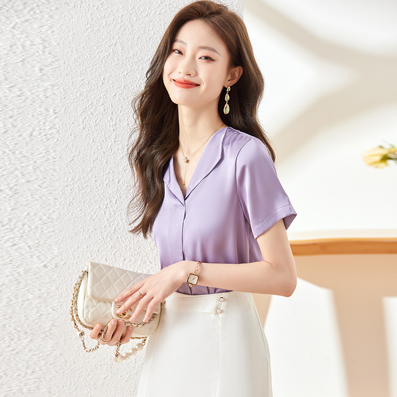 NAVIU Elegants gaiši violets sieviešu krekls Jauns augstas klases V kakla tempraments formālas blūzes ar īsām piedurknēm Biroja sieviešu darba topi balti