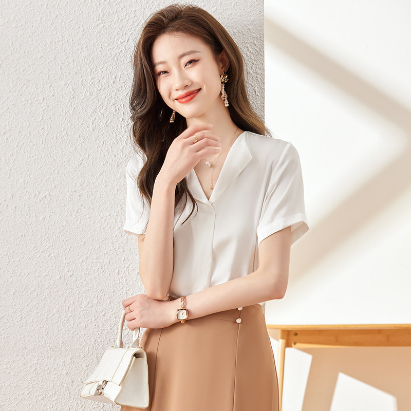 NAVIU Elegants gaiši violets sieviešu krekls Jauns augstas klases V kakla tempraments formālas blūzes ar īsām piedurknēm Biroja sieviešu darba topi balti