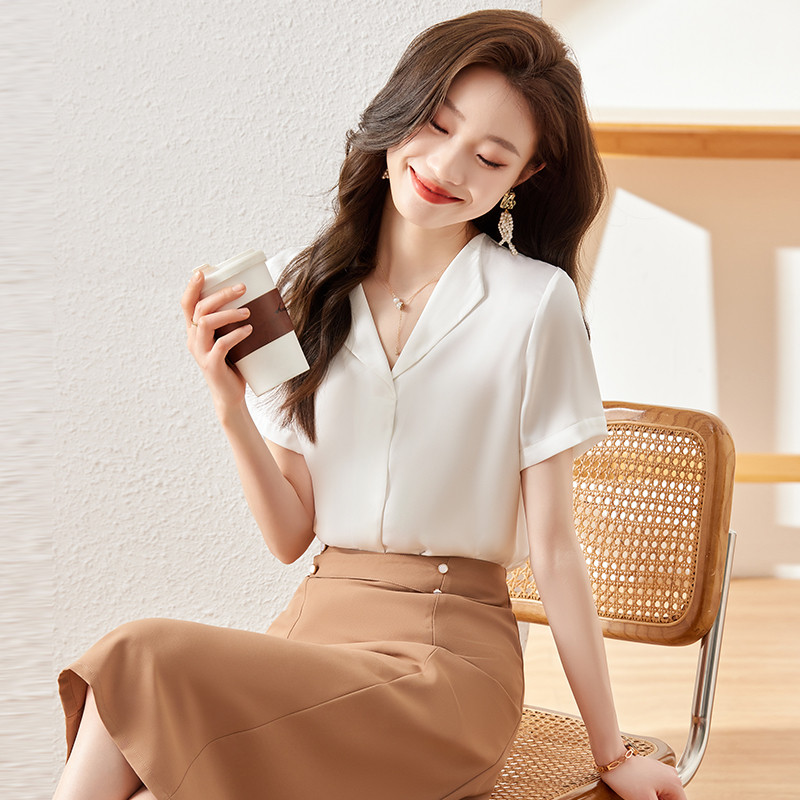 NAVIU Elegants gaiši violets sieviešu krekls Jauns augstas klases V kakla tempraments formālas blūzes ar īsām piedurknēm Biroja sieviešu darba topi balti