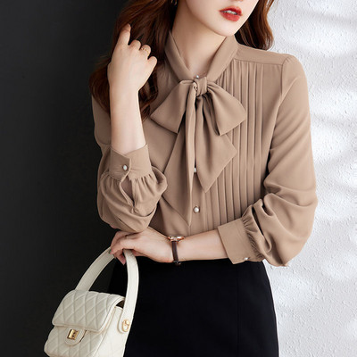 Cardigan de primăvară și toamnă pentru femei, cu gât rotund, cu mânecă lungă, cu fundă, cu nasturi, pliuri, cu șnur, cămăși casual, la modă, bluze