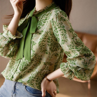 Bow Sieviešu Krekli Pūkains krekls Sievietēm Laternas Piedurknēm Blūzes Ikdienišķa Augša Stat Up Collar Lente Sieviešu krekli ar garām piedurknēm