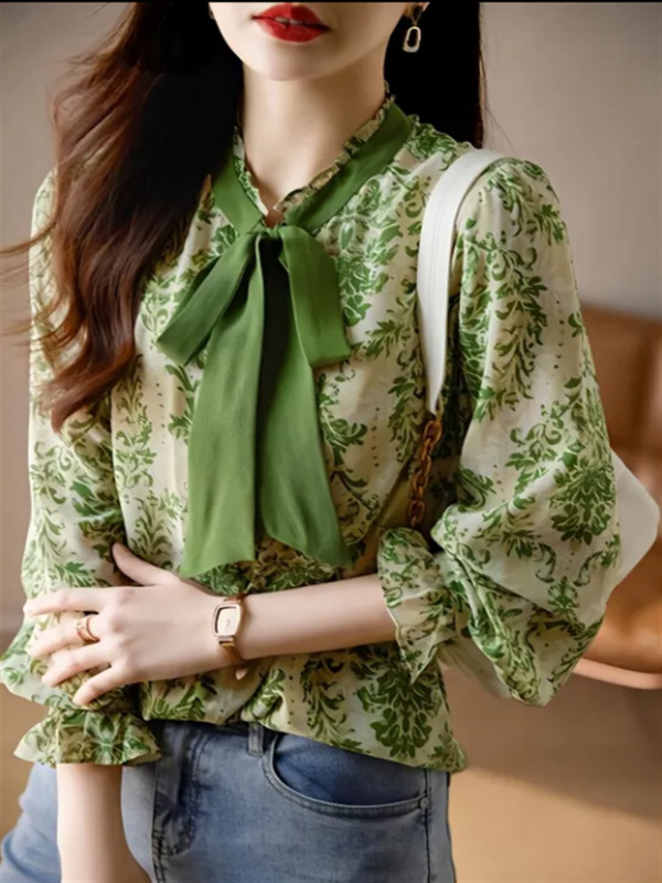 Bow Sieviešu Krekli Pūkains krekls Sievietēm Laternas Piedurknēm Blūzes Ikdienišķa Augša Stat Up Collar Lente Sieviešu krekli ar garām piedurknēm