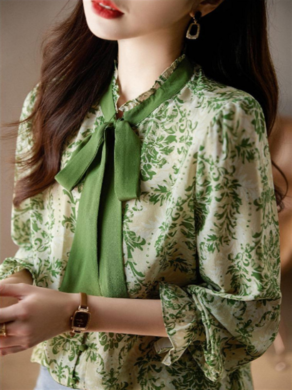 Bow Sieviešu Krekli Pūkains krekls Sievietēm Laternas Piedurknēm Blūzes Ikdienišķa Augša Stat Up Collar Lente Sieviešu krekli ar garām piedurknēm