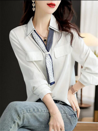 Sál ing Női Blúzok Új, hosszú ujjú V-nyakú felső irodai női pulóver Divat női ruhák Blúz Szalag Női ing