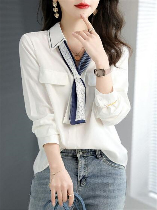 Sál ing Női Blúzok Új, hosszú ujjú V-nyakú felső irodai női pulóver Divat női ruhák Blúz Szalag Női ing