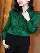 Kardigan bluze s leptir kravatom Ženska košulja Zelena majica s kariranim uzorkom za žene Ženska košulja s dugim rukavima i kopčanjem Basice OL Saten Blusas