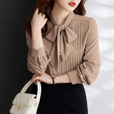 Mežģīņots šifona krekls ar garām piedurknēm sieviešu krekls blūzes ar lenti neregulāras bantes apkakles modes sieviešu ikdienas apģērba blūze