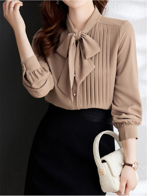 Mežģīņots šifona krekls ar garām piedurknēm sieviešu krekls blūzes ar lenti neregulāras bantes apkakles modes sieviešu ikdienas apģērba blūze