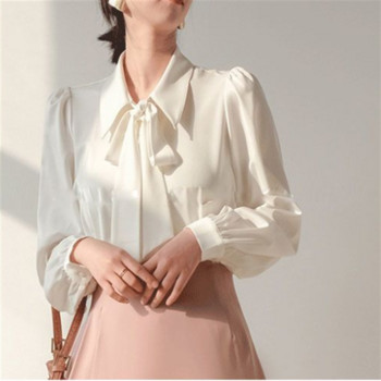Λευκό σατέν γυναικείες μπλούζες Φιόγκος για γυναίκες Κορδέλα υψηλής ποιότητας Κομψή μπλούζα OL Fashion πουκάμισο Φθινοπωρινό γυναικείο μπλούζα τοπ