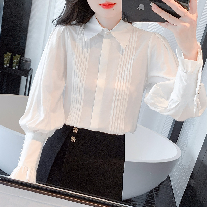 Uus moodne Turn Down kraega valge pluusisärk Naiste topid Blusas Mujer De Moda 2024 pikkade varrukatega pluus Naiste särgid Blusa H500