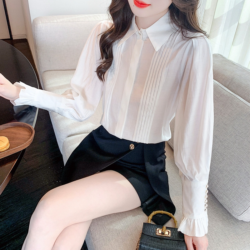 Uus moodne Turn Down kraega valge pluusisärk Naiste topid Blusas Mujer De Moda 2024 pikkade varrukatega pluus Naiste särgid Blusa H500