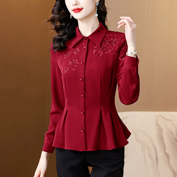 Office Lady Κομψό κέντημα πουκάμισο μόδας Γυναικείο ταμπεραμέντο Casual μακρυμάνικο μπλούζες Κομψό με κουμπιά μαλακά χαλαρά μπλουζάκια