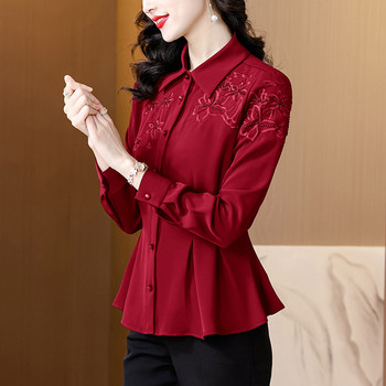 Office Lady Κομψό κέντημα πουκάμισο μόδας Γυναικείο ταμπεραμέντο Casual μακρυμάνικο μπλούζες Κομψό με κουμπιά μαλακά χαλαρά μπλουζάκια