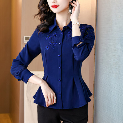 Kontorinaise elegantne tikandiga moodne särk Naiste temperament vabaaja pikkade varrukatega pluusid šikkad nööbiga pehmed lahtised topid