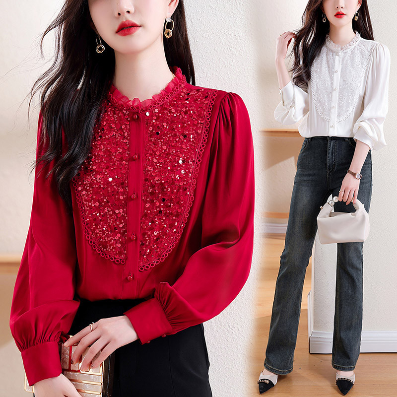 Naiste elegantsed lahtised volangid, punased litritega särgid, kevadise temperamendi šikk nööbiga pikkade varrukatega pluusid, naiste topp