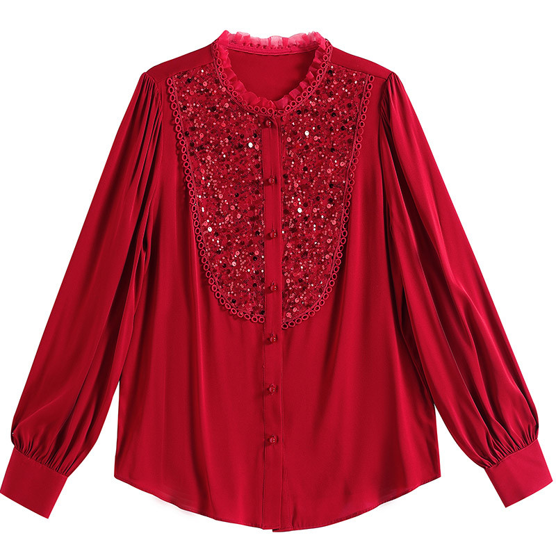 Naiste elegantsed lahtised volangid, punased litritega särgid, kevadise temperamendi šikk nööbiga pikkade varrukatega pluusid, naiste topp