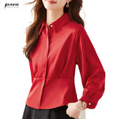 NAVIU 2024 Spirng Nova ženska košulja s otvorenim ovratnikom, crveno-bijela majica dugih rukava, modna uredska ženska bluza