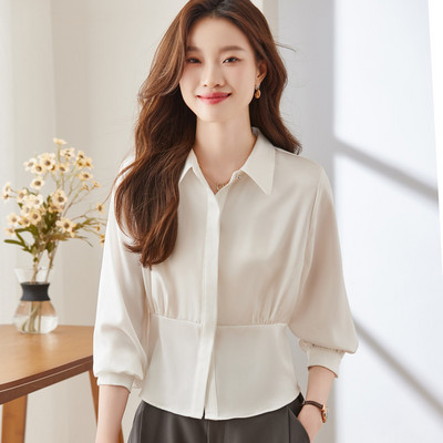 NAVIU 2024 Spirng Nova ženska košulja s otvorenim ovratnikom, crveno-bijela majica dugih rukava, modna uredska ženska bluza