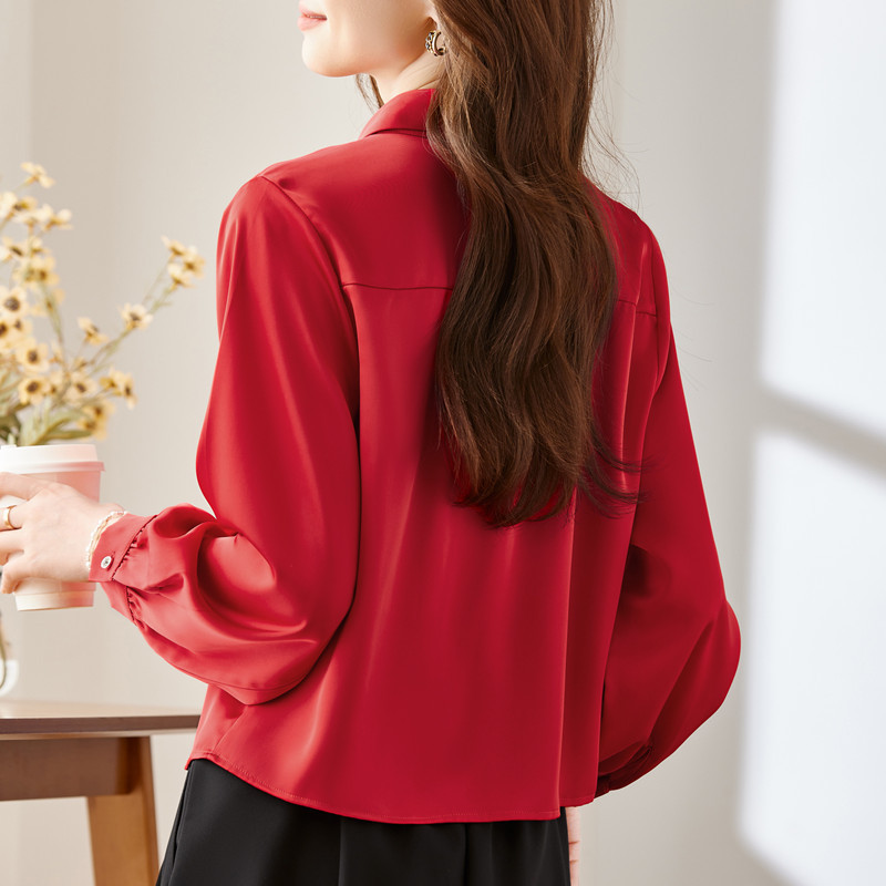 NAVIU 2024 Spirng Nova ženska košulja s otvorenim ovratnikom, crveno-bijela majica dugih rukava, modna uredska ženska bluza