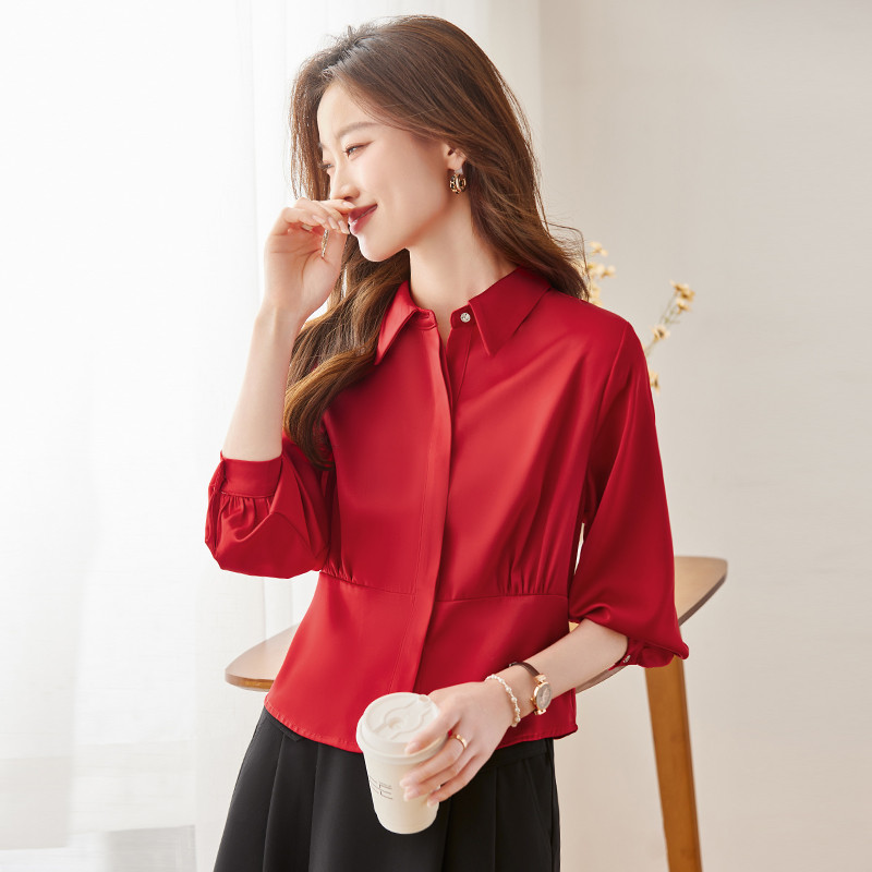 NAVIU 2024 Spirng Nova ženska košulja s otvorenim ovratnikom, crveno-bijela majica dugih rukava, modna uredska ženska bluza