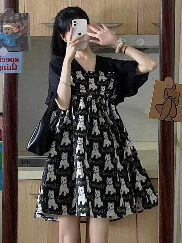 Rochie din jacquard din desene animate pentru femei însărcinate, rochie de vară cu mâneci scurte, cu decolteu în V, rochie empiră de maternitate, largi, rochii din șifon de sarcină