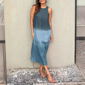 Ležerne široke duge haljine bez rukava za žene, ljeto 2024., elegantna pamučna maksi haljina s gradijentnim bojama i okruglim izrezom