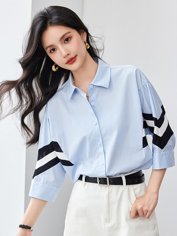 Franču kontrastkrāsu svītrains krekls sievietēm, 2024. gada vasara, jauna mode, brīva blūze ar īsām piedurknēm, slaidi temperamenta topi