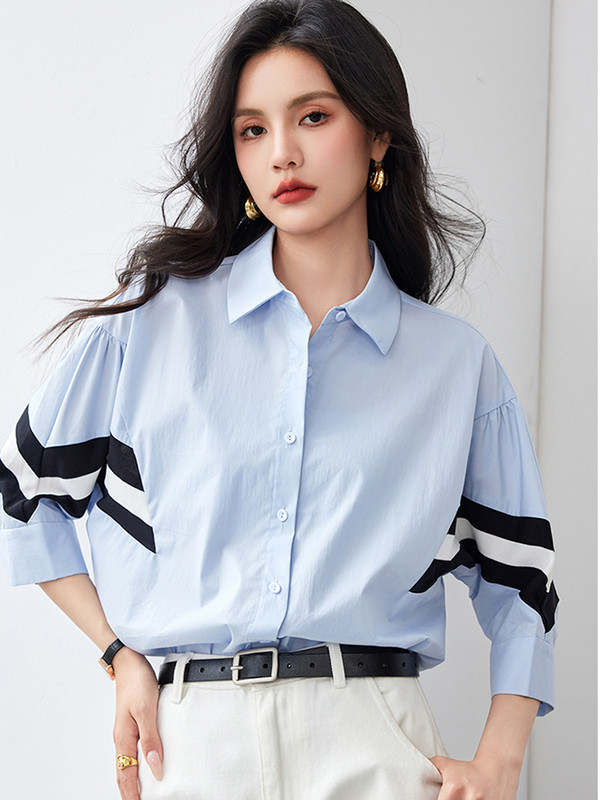 Franču kontrastkrāsu svītrains krekls sievietēm, 2024. gada vasara, jauna mode, brīva blūze ar īsām piedurknēm, slaidi temperamenta topi