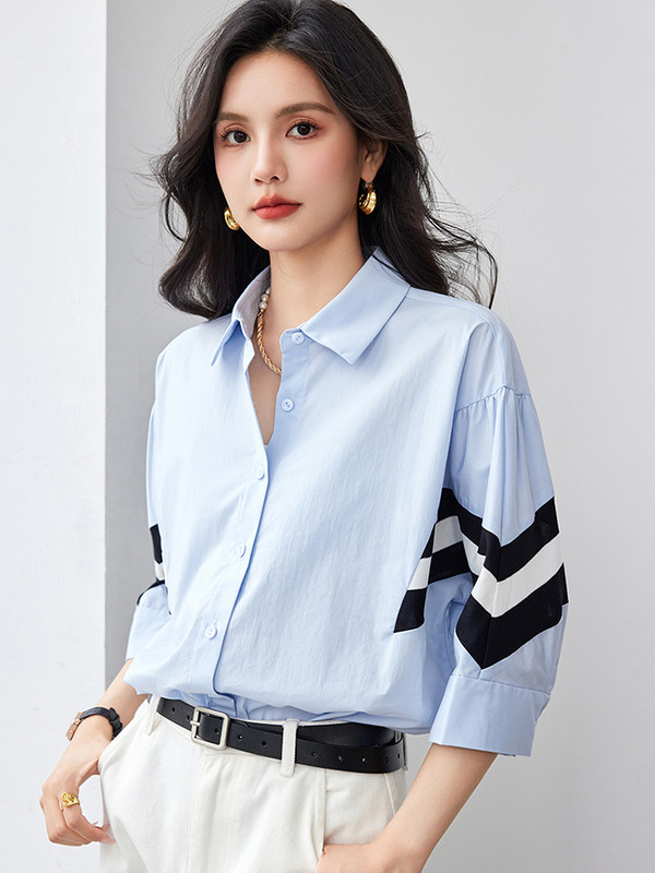 Franču kontrastkrāsu svītrains krekls sievietēm, 2024. gada vasara, jauna mode, brīva blūze ar īsām piedurknēm, slaidi temperamenta topi