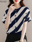 ZANZEA Eleganti OL svītraini krekli Sieviešu biroja apģērbs ar īsām piedurknēm O kakla pogām blūze 2024. gada vasaras ikdienas korejiešu topi