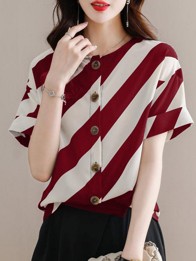 ZANZEA Eleganti OL svītraini krekli Sieviešu biroja apģērbs ar īsām piedurknēm O kakla pogām blūze 2024. gada vasaras ikdienas korejiešu topi