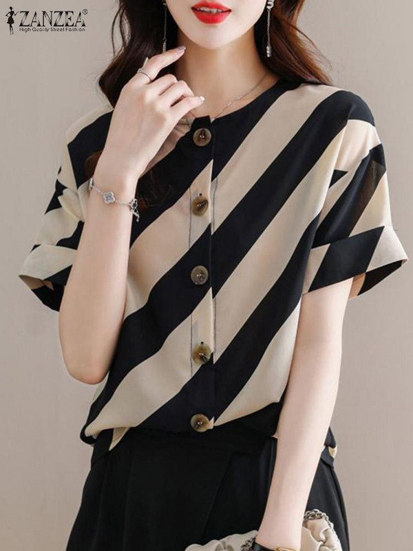 ZANZEA Eleganti OL svītraini krekli Sieviešu biroja apģērbs ar īsām piedurknēm O kakla pogām blūze 2024. gada vasaras ikdienas korejiešu topi