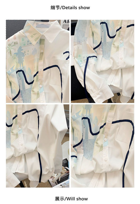 XEJ Y 2k Vintage Top Design Sense Graffiti Color Blocking Ziedu kreklu jaka sievietēm pavasara brīvi retro ar garām piedurknēm