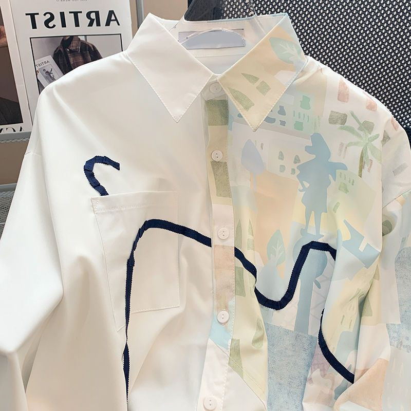 XEJ Y 2k Vintage Top Design Sense Graffiti Color Blocking Ziedu kreklu jaka sievietēm pavasara brīvi retro ar garām piedurknēm