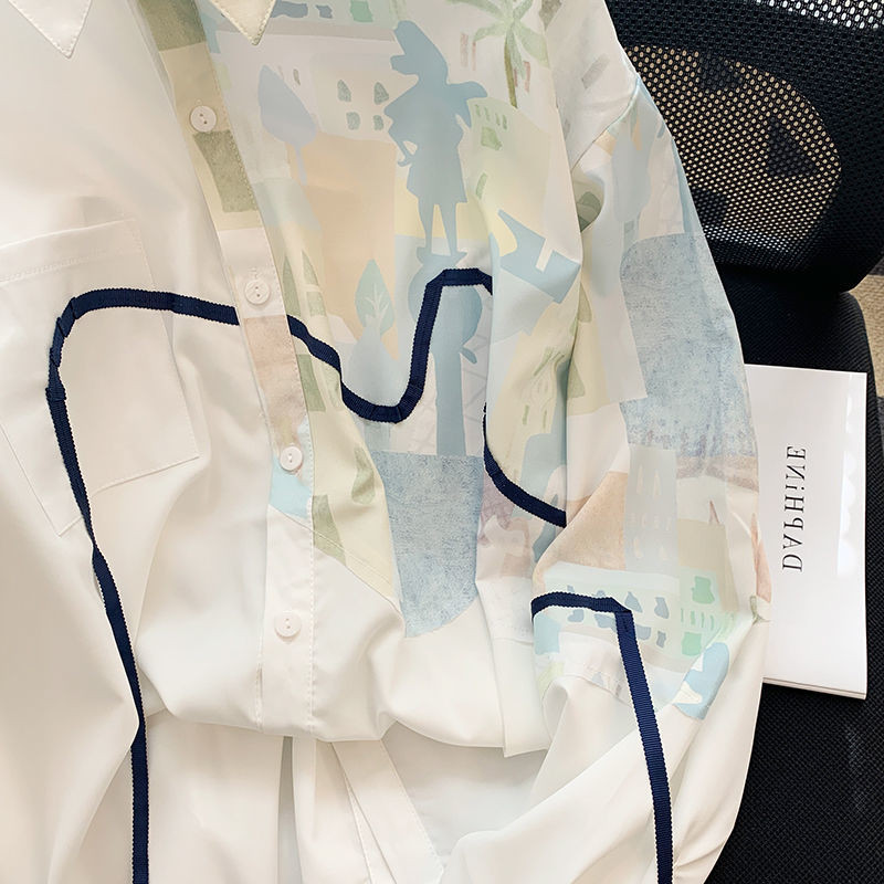 XEJ Y 2k Vintage Top Design Sense Graffiti Color Blocking Ziedu kreklu jaka sievietēm pavasara brīvi retro ar garām piedurknēm