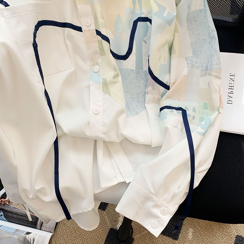 XEJ Y 2k Vintage Top Design Sense Graffiti Color Blocking Ziedu kreklu jaka sievietēm pavasara brīvi retro ar garām piedurknēm