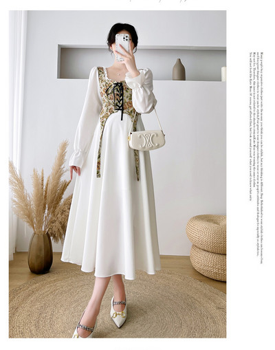 Rudens grūtniecēm brīva kleita ar garām piedurknēm kvadrātveida apkakle Grūtnieces kleita savelkamās aukliņas jostasvieta ar ziedu raibām grūtniecēm