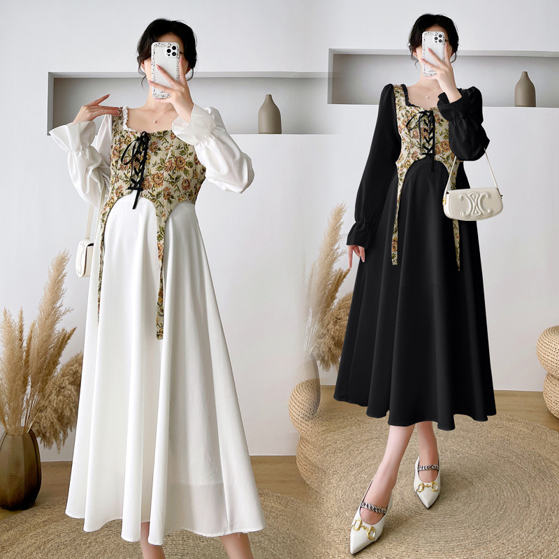 Rudens grūtniecēm brīva kleita ar garām piedurknēm kvadrātveida apkakle Grūtnieces kleita savelkamās aukliņas jostasvieta ar ziedu raibām grūtniecēm