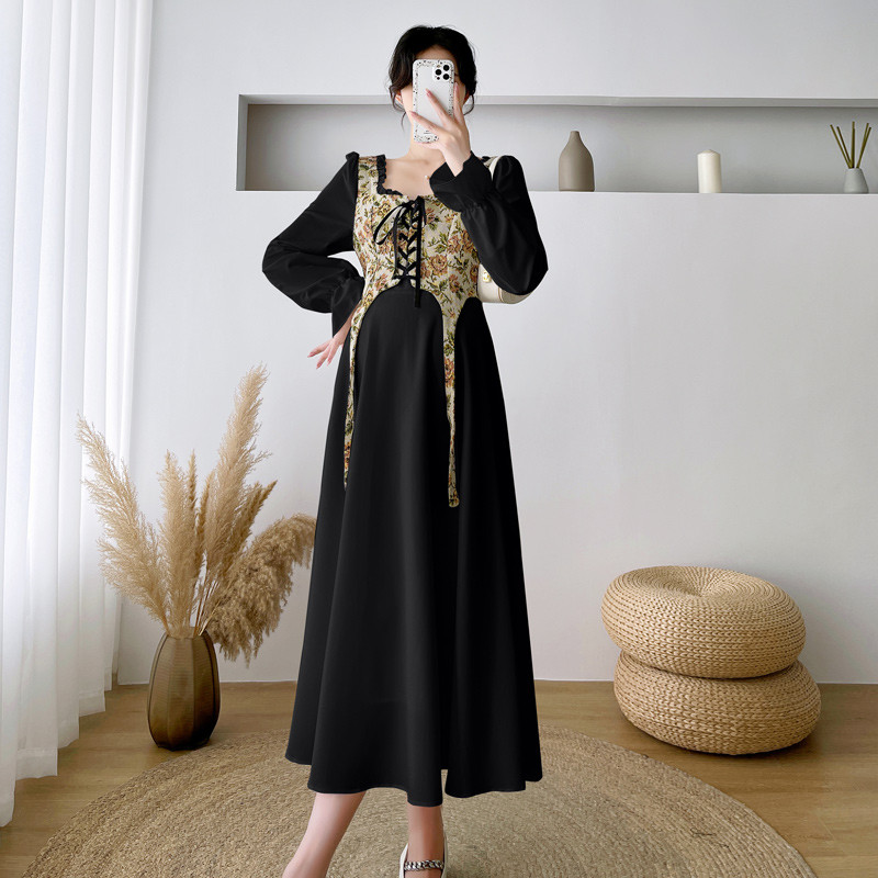 Rudens grūtniecēm brīva kleita ar garām piedurknēm kvadrātveida apkakle Grūtnieces kleita savelkamās aukliņas jostasvieta ar ziedu raibām grūtniecēm