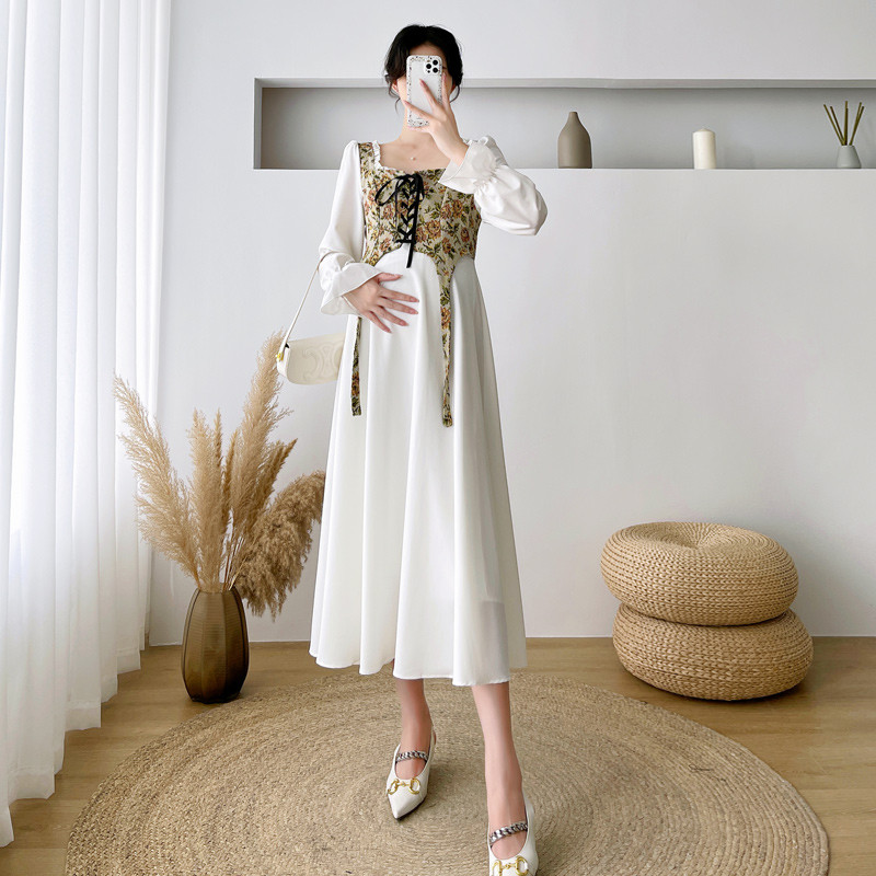 Rudens grūtniecēm brīva kleita ar garām piedurknēm kvadrātveida apkakle Grūtnieces kleita savelkamās aukliņas jostasvieta ar ziedu raibām grūtniecēm