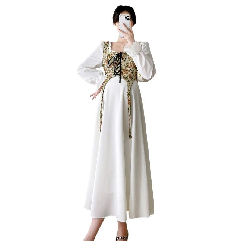 Rudens grūtniecēm brīva kleita ar garām piedurknēm kvadrātveida apkakle Grūtnieces kleita savelkamās aukliņas jostasvieta ar ziedu raibām grūtniecēm