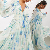 Pavasara vasara ar apdruku šifona sieviešu kleita Eleganta V veida kakla izgriezuma ballīšu kleita ar garām piedurknēm Modes kleita ar augstu vidukli kroku brīvdienu kleita Mujer