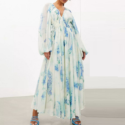 Pavasara vasara ar apdruku šifona sieviešu kleita Eleganta V veida kakla izgriezuma ballīšu kleita ar garām piedurknēm Modes kleita ar augstu vidukli kroku brīvdienu kleita Mujer