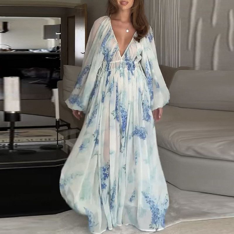 Pavasara vasara ar apdruku šifona sieviešu kleita Eleganta V veida kakla izgriezuma ballīšu kleita ar garām piedurknēm Modes kleita ar augstu vidukli kroku brīvdienu kleita Mujer