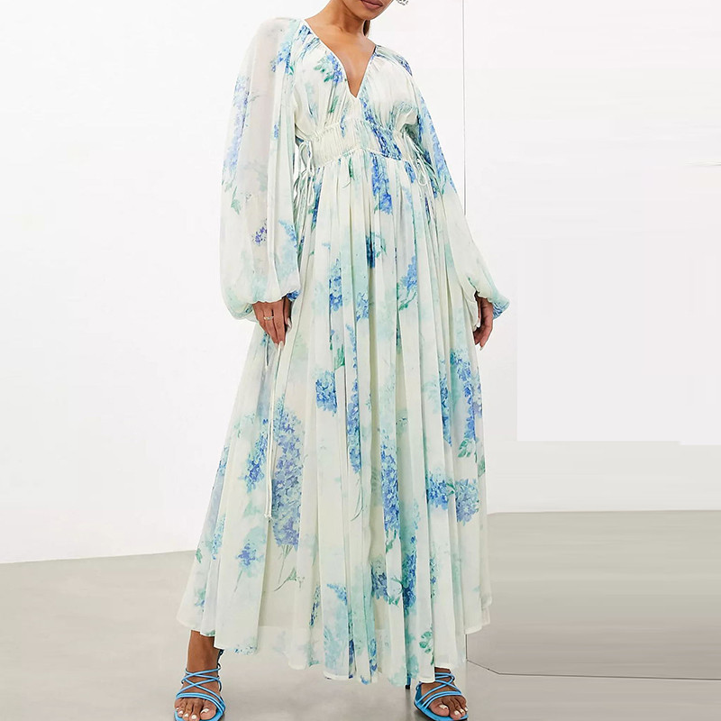 Pavasara vasara ar apdruku šifona sieviešu kleita Eleganta V veida kakla izgriezuma ballīšu kleita ar garām piedurknēm Modes kleita ar augstu vidukli kroku brīvdienu kleita Mujer