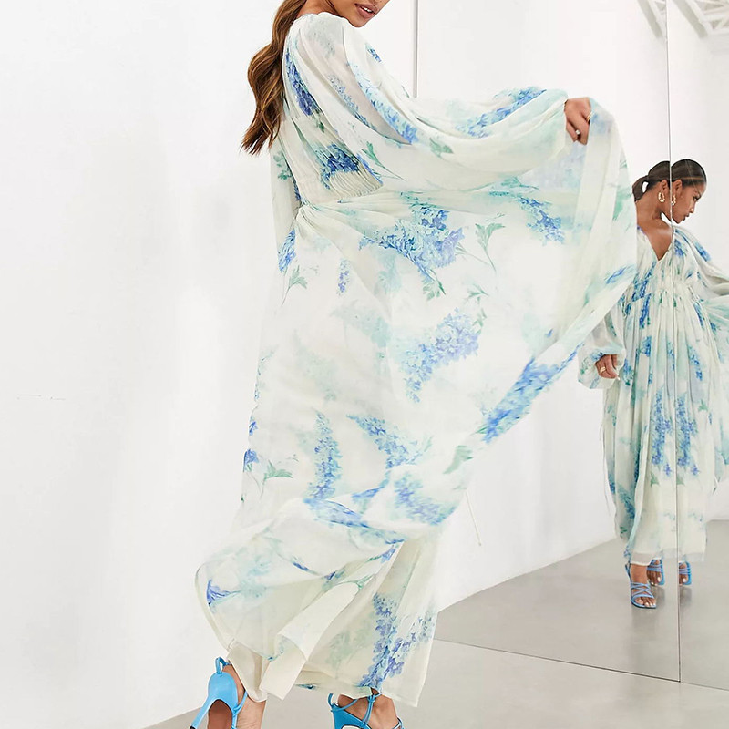 Pavasara vasara ar apdruku šifona sieviešu kleita Eleganta V veida kakla izgriezuma ballīšu kleita ar garām piedurknēm Modes kleita ar augstu vidukli kroku brīvdienu kleita Mujer